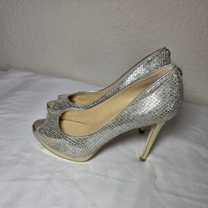 Ivanka Trump Silver Gold Glitter Mesh Peep Toe Platform Pump Heels Womens 8.5M